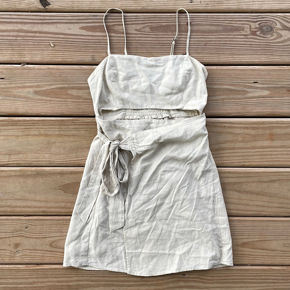 Cream Linen Cutout Wrap Mini Dress